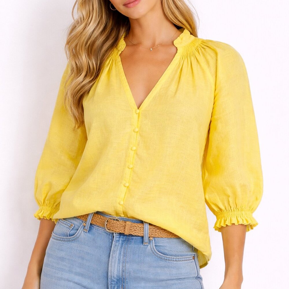 Anthropologie Maeve Audie Linen Blouse L Yellow Puff Sleeve Button Front